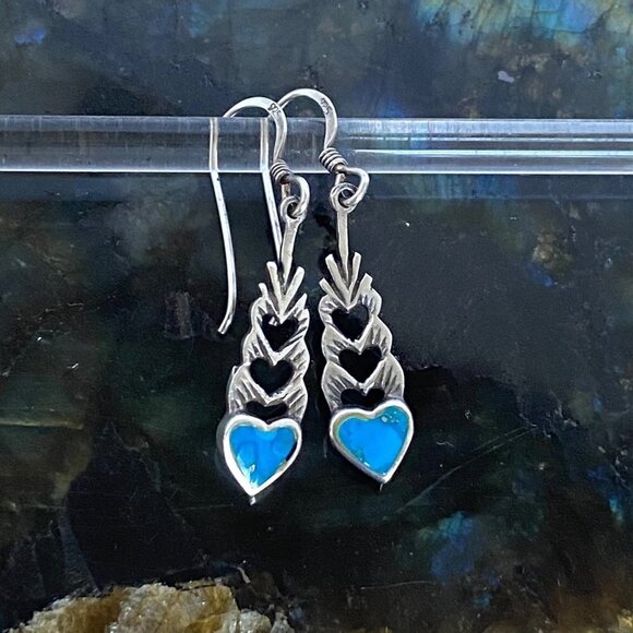 Sterling Silver 925 1.5" Turquoise Cut Out Heart Dangle Earrings - Picture 2 of 16